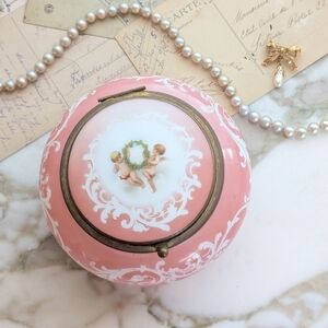 Antique Handpainted Pink Glass Cherubs Hinged Dresser Jar / Jewelry Casket Box